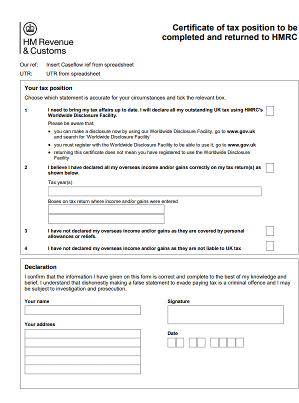 Certificate of Tax position